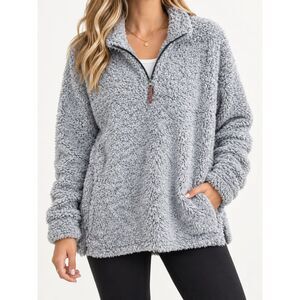Weatherproof Vintage Womens XXL Gray Sherpa Teddy Fleece 1/4 Zip Pullover